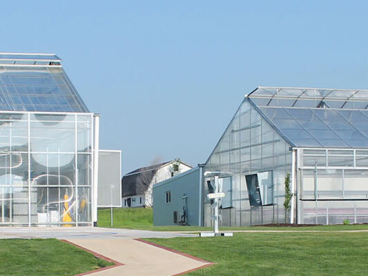 outside of two commercial greenhouses