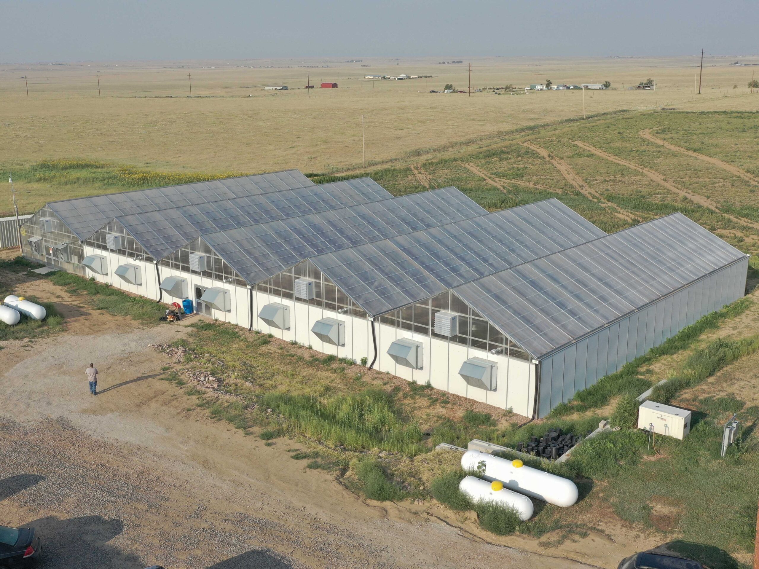 outside view of 5 bay gutter connected gothic greenhouses