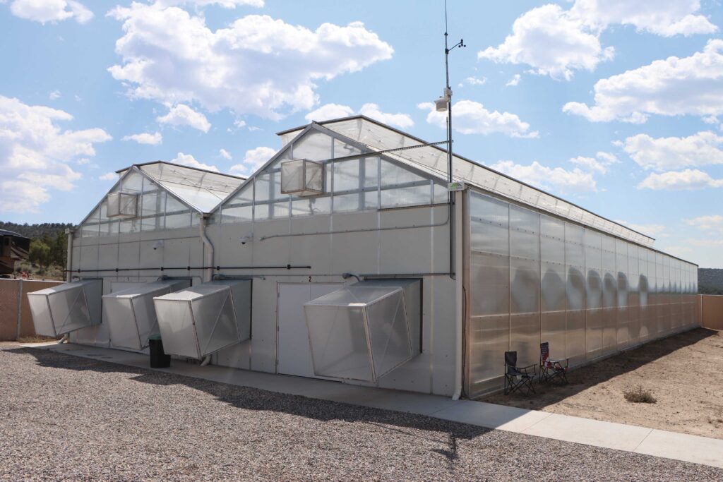 roof vents and exhaust fans cooling a greenhouse