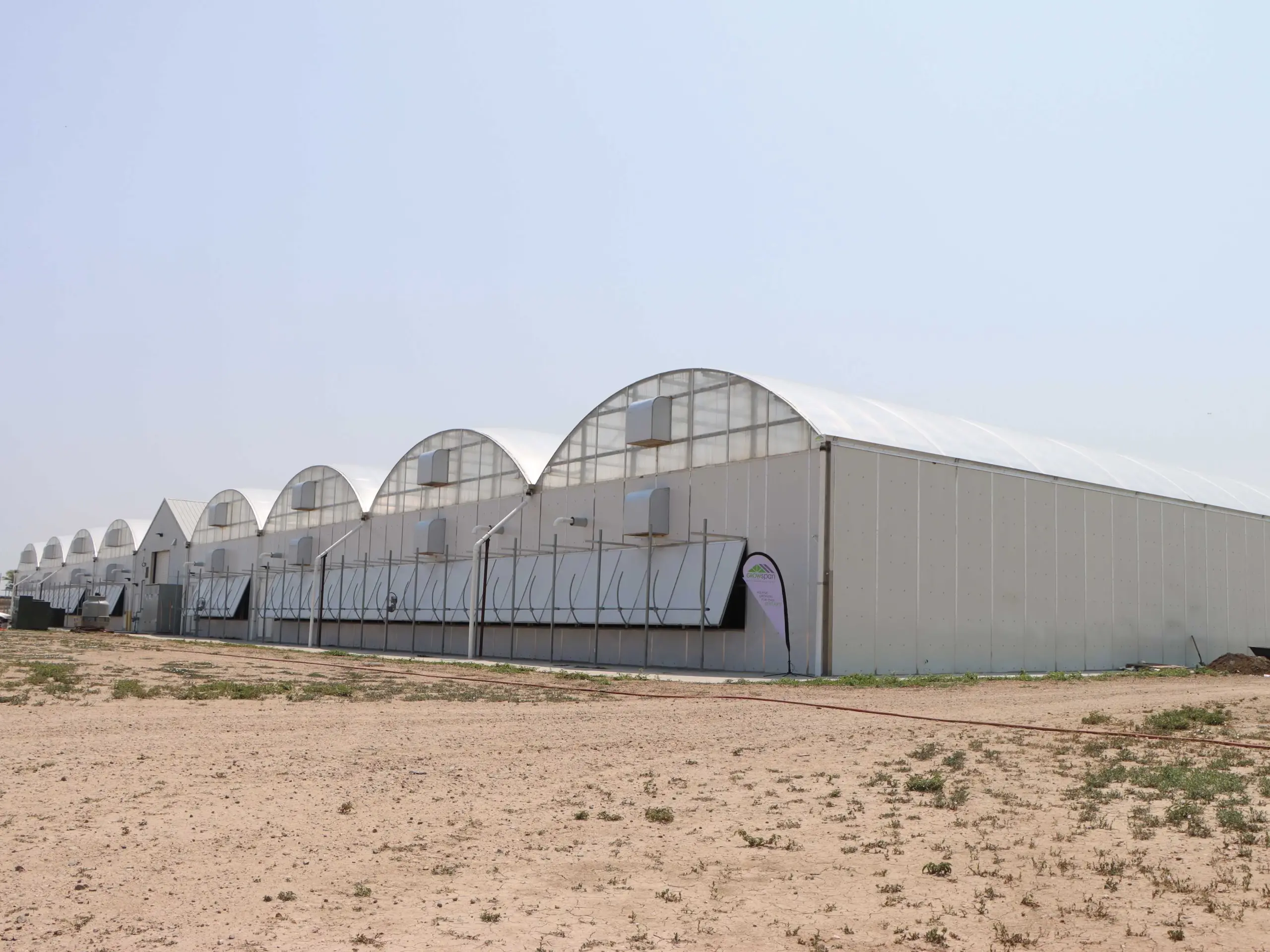 Exterior of a multi-bay hybrid greenhouse