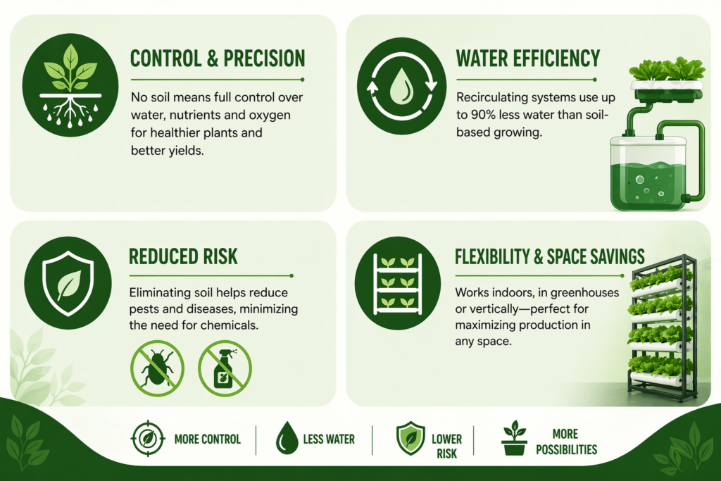 infographic of hydroponic benefits: control & precision, water efficiency, reduced risk, flexibility & space savings