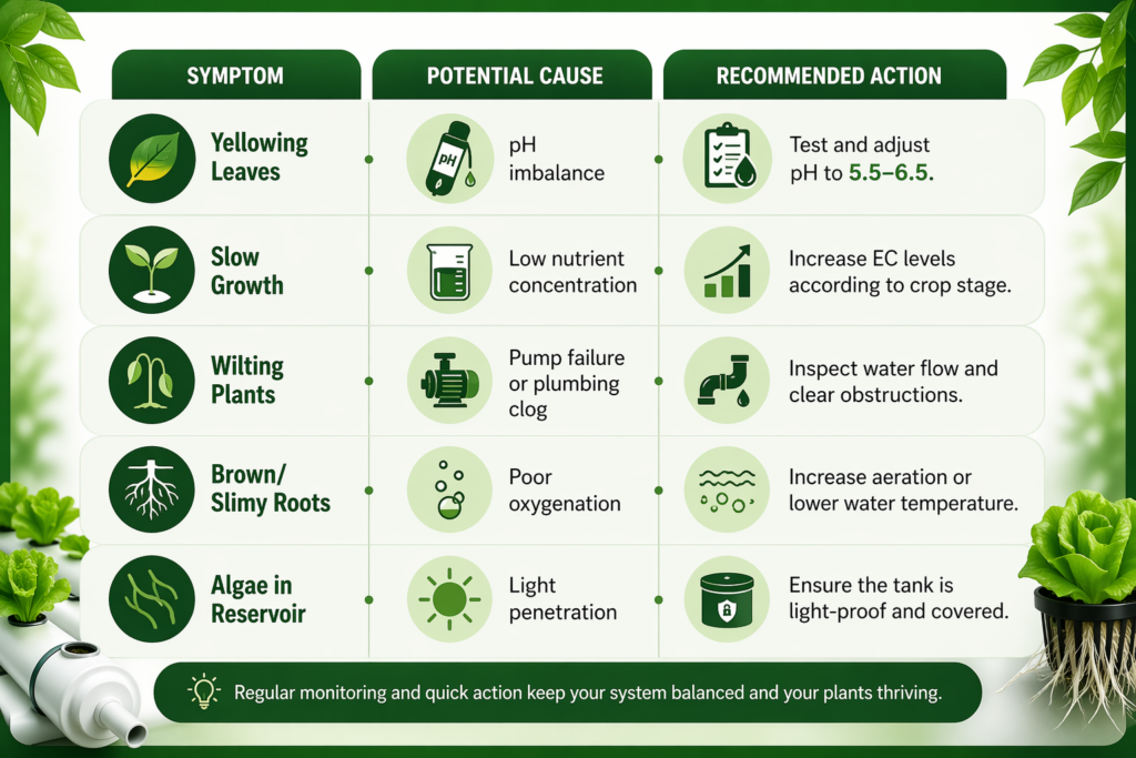 hydroponic troubleshooting guide listing symptoms, their potential causes and recommended actions to resolve them