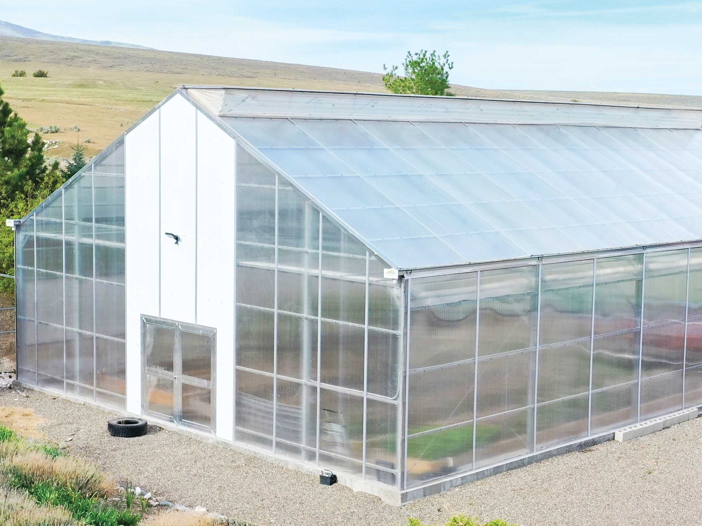 A GrowSpan Series 2000 Greenhouse with white polycarbonate on end wall, farmhouse in background