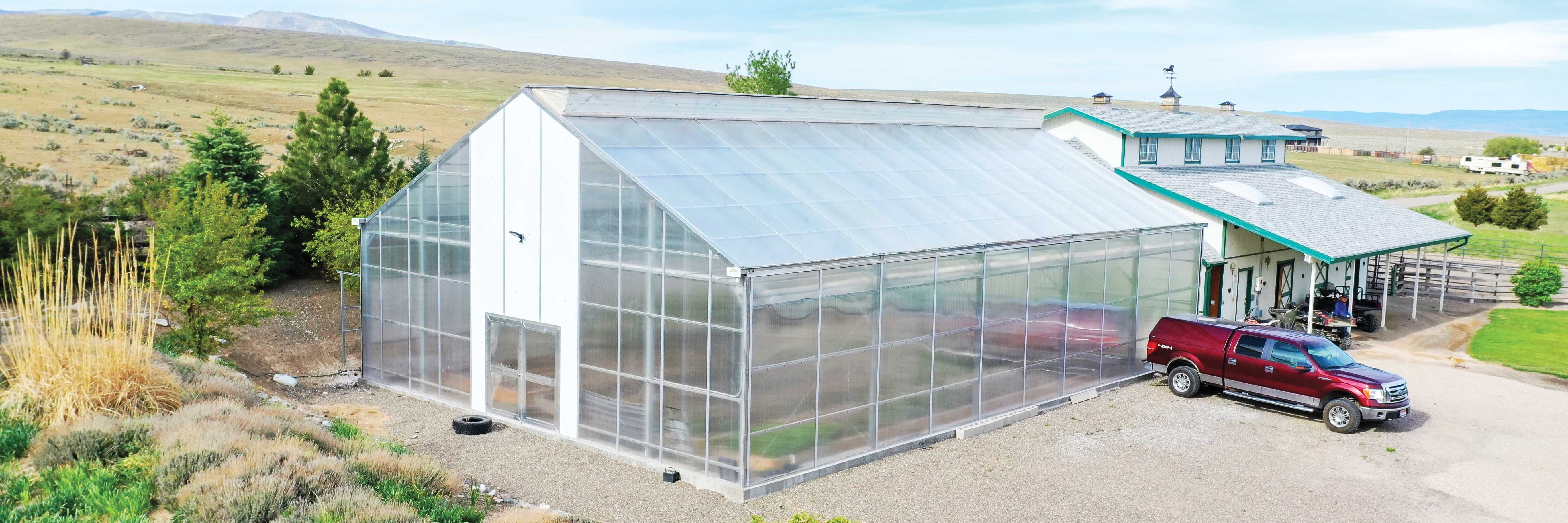 A GrowSpan Series 2000 Greenhouse with white polycarbonate on end wall, farmhouse in background